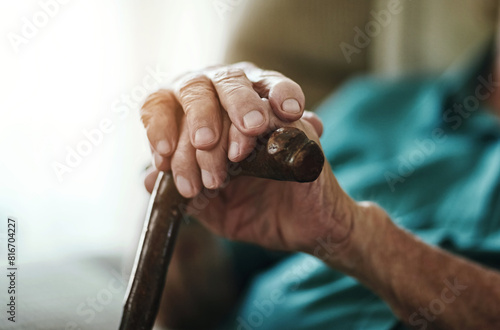 фотографія Senior man, hands and walking stick with cane for support, old age or care in retirement home