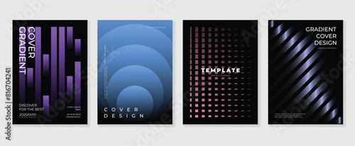 Abstract gradient poster background vector set. Minimalist style cover template with vibrant perspective 3d geometric prism shapes collection. Ideal design for social media, cover, banner, flyer.