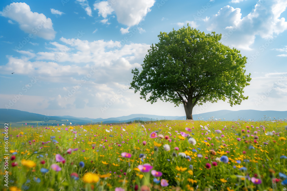 a huge tree in flowers field sky hill a huge tree in flowers field sky hill