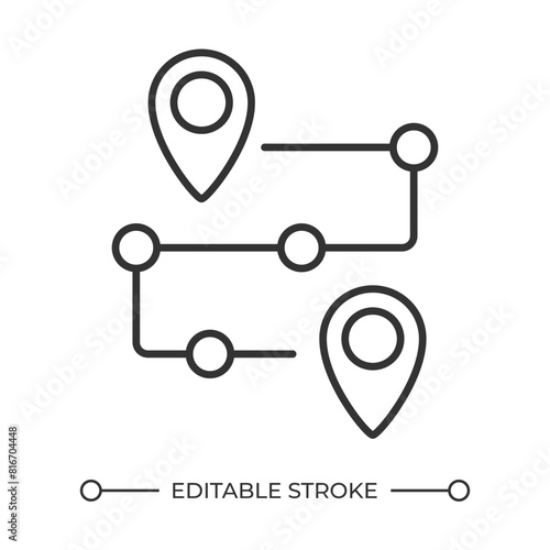 Route linear icon. Gps navigation. Location marker. Supply chain. Customer journey. Product roadmap. Thin line illustration. Contour symbol. Vector outline drawing. Editable stroke
