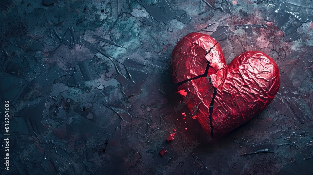 A broken red heart on a light background. Glass fragments fly apart. The concept of separation, divorce, loneliness. A broken red heart on a light background. Glass fragments fly apart. The concept of separation, divorce, loneliness.