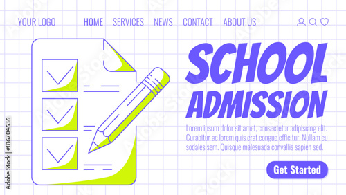 School admission, sheet of paper with checkmarks, pencil. Back to school, education, learning concept. Vector modern template for banner, poster, landing page, website. Checkered background