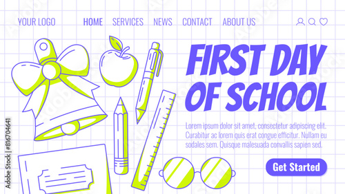School bell, notebook with glasses, pen, pencil, ruler and apple. Back to school, education, learning concept. Vector modern template for banner, poster, landing page, website. Checkered background