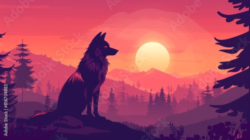 Wildlife banner with wolf sitting in forest at sunset. Modern landing page with cartoon illustration of woodlands landscape with pine trees, mountains on horizon, wild animal at sunset and sun in