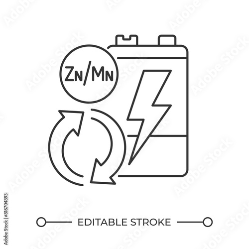 Battery reprocessing linear icon. Rechargeable lithium. Accumulator sustainability. Alkaline battery recycling. Thin line illustration. Contour symbol. Vector outline drawing. Editable stroke