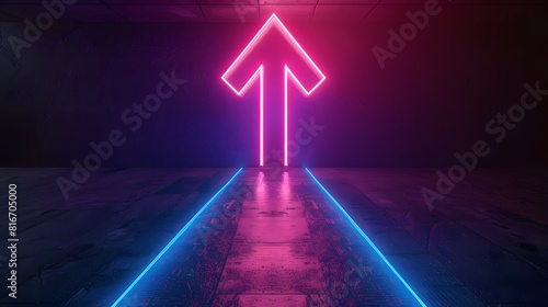Features a striking neon arrow pointing upwards, set against a dark background. The arrow is illuminated in vibrant pink, while a pathway lined with bright blue neon lights leads up to it photo