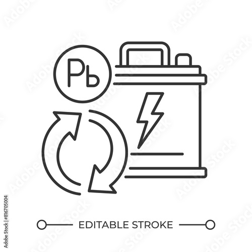 Recyclable batteries linear icon. Rechargeable lead-acid voltage. Low cost energy storage. Waste management. Thin line illustration. Contour symbol. Vector outline drawing. Editable stroke