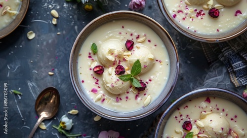 Elegantly presented bowls of Ras Malai garnished with rose petals and almonds on a moody backdrop photo