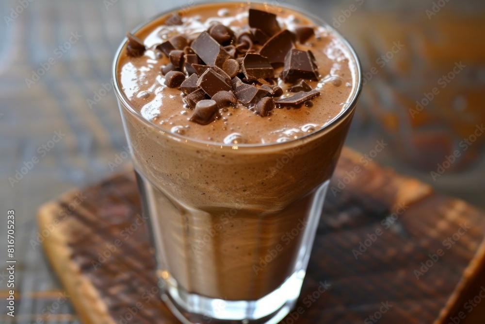 Indulgent chocolate milkshake topped with chocolate chunks, served in a tall glass on a wooden board Indulgent chocolate milkshake topped with chocolate chunks, served in a tall glass on a wooden board