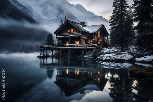 Cabin on a lake surrounded by mountains © Canvas Alchemy