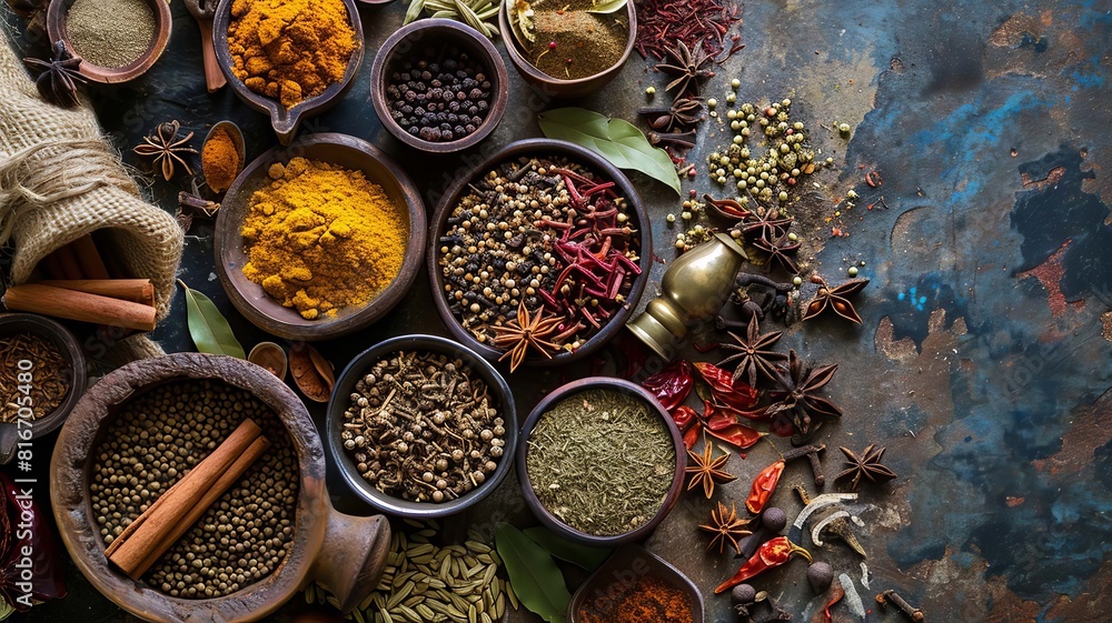 Assortment of spices and dry herbs. selective focus. Generative AI, Assortment of spices and dry herbs. selective focus. Generative AI,