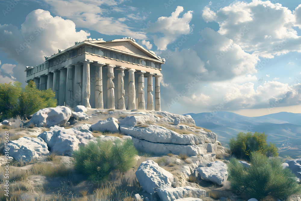Greek Temple Between Rocks An ancient Greek temple isolated on the top of a rugged hill, with ...