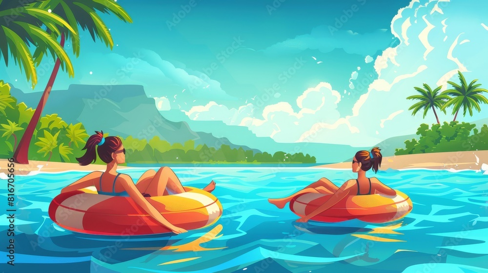 Swim in the sea and float on an inflatable ring. Modern landing pages of people relaxing and being active in the water with cartoon illustrations of women swimming in the sea.