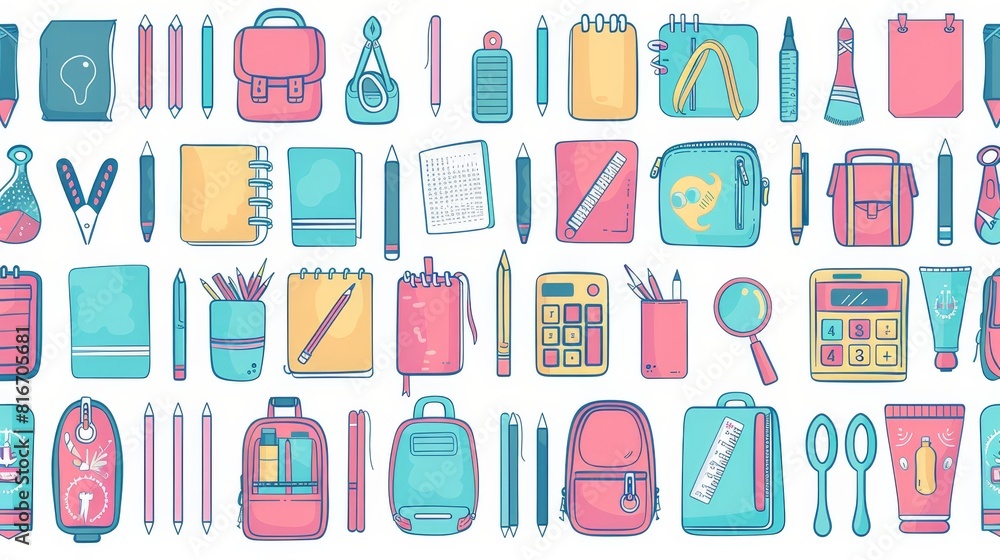 The set includes a doodle pen, pencil, marker, notebook, ruler, backpack, scissors, calculator, magnifier, and paints. The set includes a doodle pen, pencil, marker, notebook, ruler, backpack, scissors, calculator, magnifier, and paints.