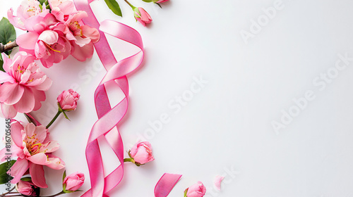 Pink ribbon and flowers on white background.  © UsamaR