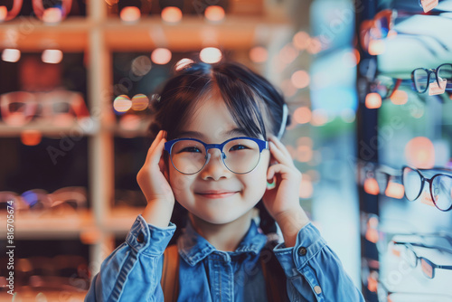 Cute asian girl in eyeglasses shop wearing glasses