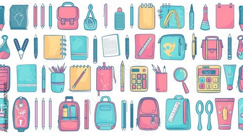 The set includes a doodle pen  pencil  marker  notebook  ruler  backpack  scissors  calculator  magnifier  and paints.
