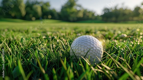 Golf ball sitting on lush green field, perfect for sports or leisure concept