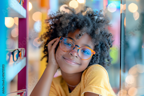 Happy african little girl wearing optical glasses in optometry shop