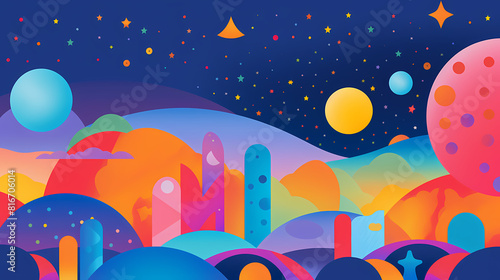 abstract landscape with stars and moon and simple little toys flat illustration