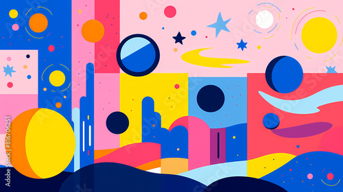 abstract landscape with stars and moon and simple little toys flat illustration