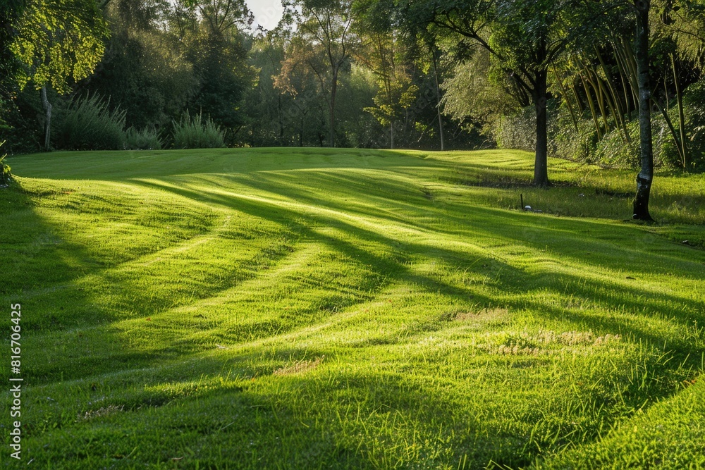A serene green field with trees and grass in the background. Suitable for nature and outdoor concepts A serene green field with trees and grass in the background. Suitable for nature and outdoor concepts