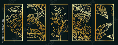 Gold foliage line art pattern vector collection. Laser cut with line design pattern. Design for wood carving, wall panel decor, metal cutting, wall arts, cover background, wallpaper and banner.