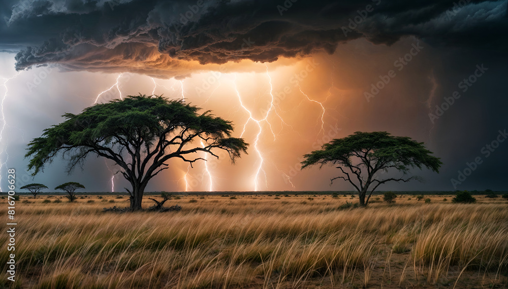 An African landscape with sunset and dramatic clouds. A summer thunderstorm over the African savannah. 