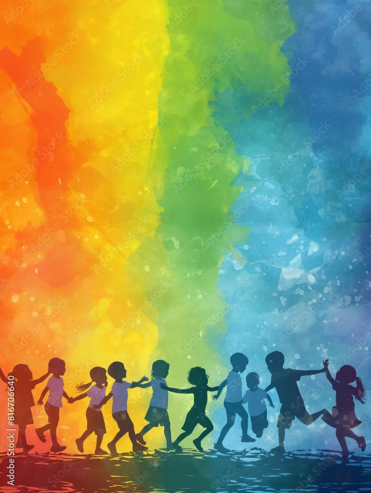happy abstract children silhouettes dancing together happy abstract children silhouettes dancing together