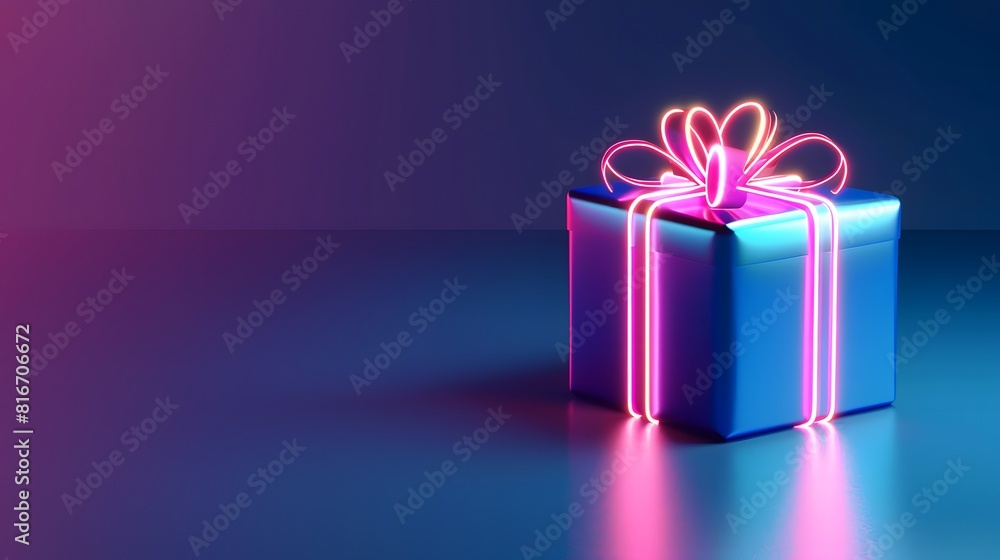 custom made wallpaper toronto digitalFuturistic Neon Gift Box on a Starry Background. A neon-lit gift box with a pink ribbon glows vibrantly against a dark starry backdrop, creating a modern and enchanting visual.