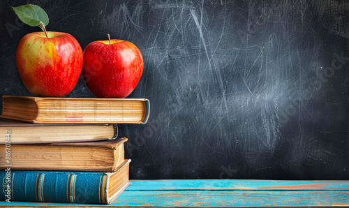 Educational Concept with Stack of Books and Red Apples on Vibrant Wooden Table Against Chalkboard Background in School Setting