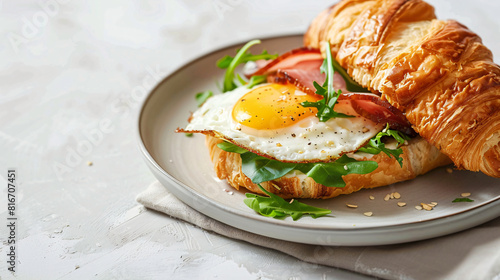 Plate of delicious croissant sandwich with egg 