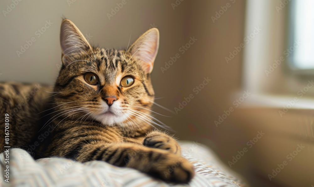 Serene Tabby Cat Lounging Indoors: Cozy Home Setting with Warm Natural Lighting Capturing Relaxation and Pet Comfort Serene Tabby Cat Lounging Indoors: Cozy Home Setting with Warm Natural Lighting Capturing Relaxation and Pet Comfort