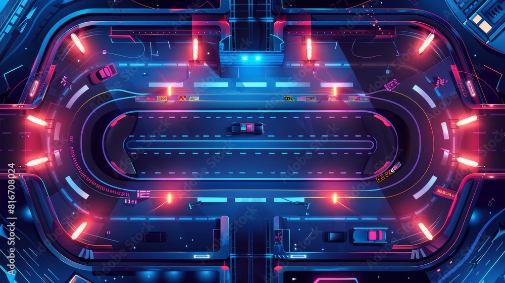 The loop racetrack on the overpass above the water for the auto rally competition in the evening is an illustration of light markers on a race car track at night for the game background. Modern The loop racetrack on the overpass above the water for the auto rally competition in the evening is an illustration of light markers on a race car track at night for the game background. Modern