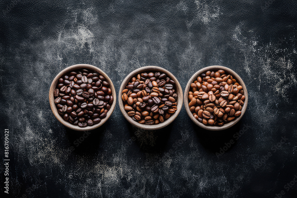 Top view of three different varieties of coffee beans on dark vintage background Top view of three different varieties of coffee beans on dark vintage background