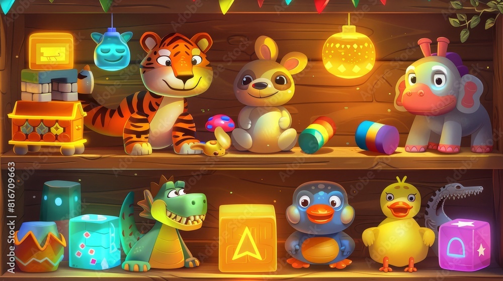 Children's toys on wooden shelf - funny plush tiger, bear, bunny, dinosaur and giraffe, piggy bank, robot dog, construction blocks, rubber ducks, and cubes. Cartoon modern illustration. Children's toys on wooden shelf - funny plush tiger, bear, bunny, dinosaur and giraffe, piggy bank, robot dog, construction blocks, rubber ducks, and cubes. Cartoon modern illustration.