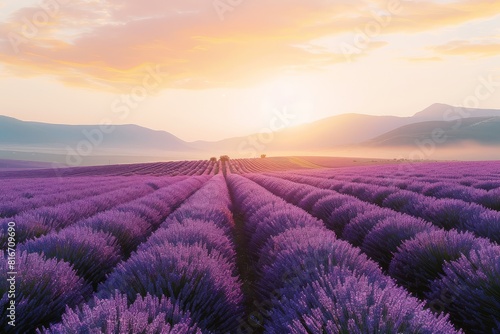 Tranquil lavender field at sunrise photo on white isolated background