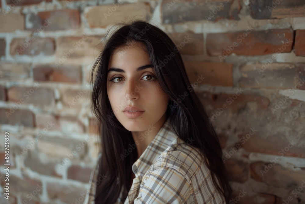 A young woman leaning against a brick wall. Suitable for lifestyle and urban themes A young woman leaning against a brick wall. Suitable for lifestyle and urban themes