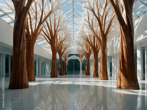 An symmetrical and exquisite hall with an oversized organic parametric structure, featuring tall trees in the center of the room surrounded by walls made from white wavy resin sheets photo