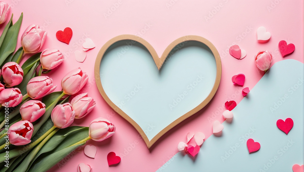 This image is of a pink heart made of tulips on a pink background This image is of a pink heart made of tulips on a pink background