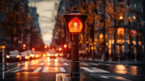City Street at Twilight with Red Traffic Light in Focus