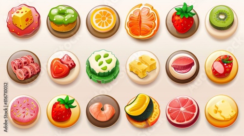 Food app icons  round buttons  cartoon menu interface. Gui textured graphic design elements strawberry  sprinkles on pink glaze  meat  cheese  tuna  salmon fish  waffle isolated 2d modern set.