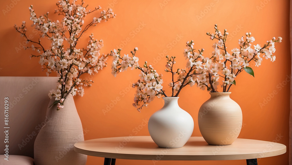 There are three vases on a table against a solid orange