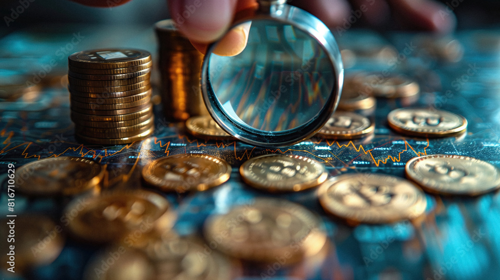 A hand holding a magnifying glass over a stack of gold coins bitcoin on a wooden table with a blue background. A hand holding a magnifying glass over a stack of gold coins bitcoin on a wooden table with a blue background.