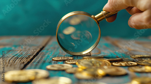 A hand holding a magnifying glass over a stack of gold coins bitcoin on a wooden table with a blue background.