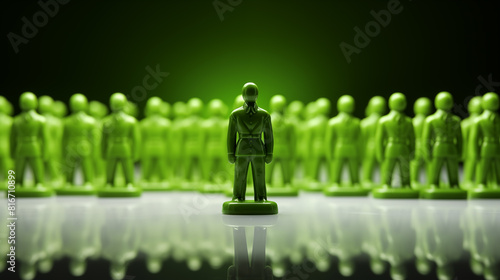 Green army men following a leader. Leadership concept. photo