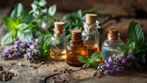 Assortment of essential oil bottles with fresh herbs. selective focus. Generative AI 