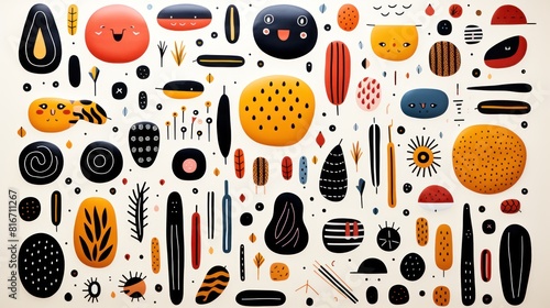 Wallpaper Mural Abstract Colorful Cartoon Shapes with Cute Faces and Patterns on White Background Torontodigital.ca