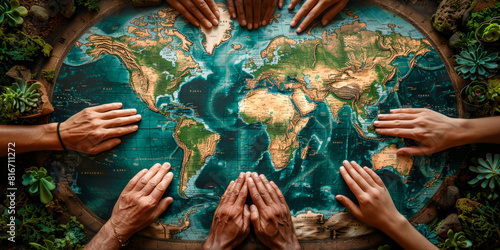 Global Solidarity: A world map surrounded by hands #816711272