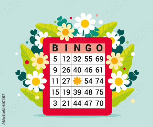 Carton de loterie rouge avec des numéros, bingo, loto,tombola, décoré de feuilles vertes et de pâquerettes, bouquet de fleurs de printemps, illustration vectorielle joyeuse et sympathique photo